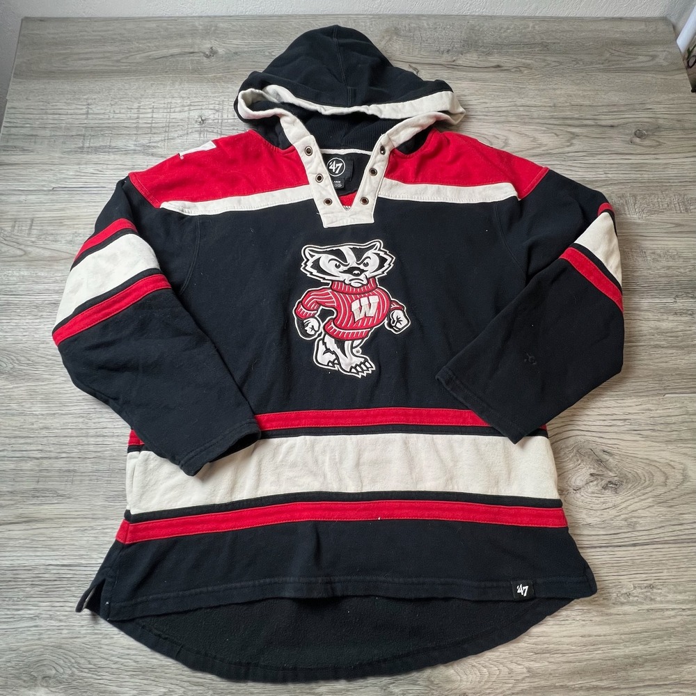 '47 Wisconsin Badgers Hoodie Mens Large Black Hockey Jersey Bucky Badger Z29